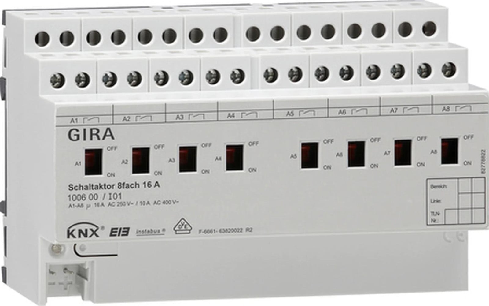 Gira KNX schakelactor, 8-voudig, 16A, met handbediening