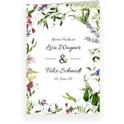 Hochzeit Einladungskarte in Weiß mit eigenen Fotos gestalten im Design "Einladungskarte Hochzeit: Wildblumen in Weiß" - Musterkarte - Karten einfach online bei wunderkarten gestalten und bestellen