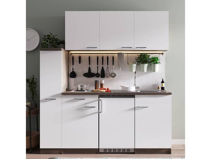 Cuisine Oliver I 180cm Blanc/Blanc/Imitation chêne foncé Plaque de cuisson