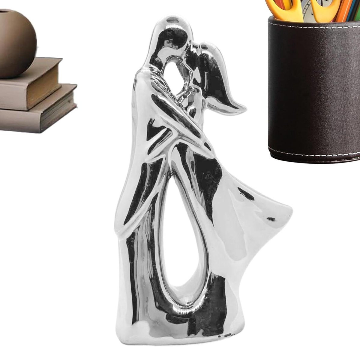 Keramisch Paarbeeld Zilver - Artistiek Handgemaakt Ornament voor Tafeldecoratie - Lengte: 17,7 cm
