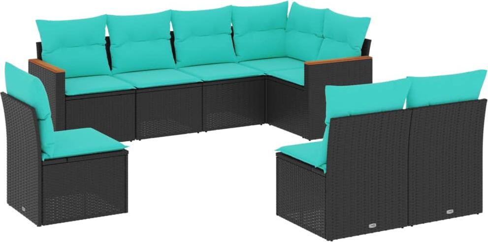 8-teiliges Gartensofa-Set mit Kissen, schwarzes Polyrattan