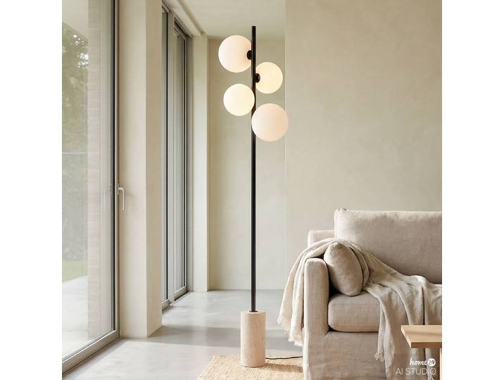 Lampadaire KAVIO 45 x 158 x 45cm Blanc/Marron Piètement : fer, thermolaqué / béton effet travertin Parasol : verre opale Ampoule électrique G9