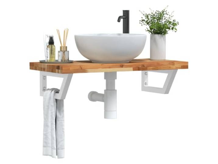 KTHLBRH Waschbeckenregal Wandmontage Stahl Akazienholz Schweberegal Massives Akazienholz, robuste Stahlhalterungen, flexible Positionierung, moderne Optik, platzsparend