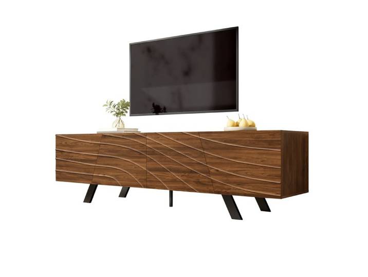 Meuble TV Noyer Rangement Gestion des Câbles Design Moderne Structure Robuste Finition Haut de Gamme - 160x39x50.5cm - Salon