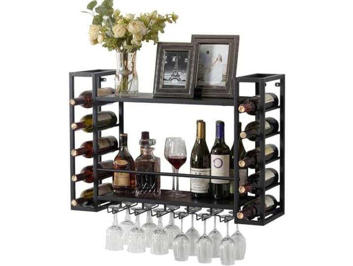 LIUCHUCHU Kreatives Weinregal Weinregal mit Glashalter, an der Wand montierter Flaschenhalter aus Metall, Weinaufbewahrungsregal for die Hausbar, 31,5-Zoll-Weinständer(Noir)