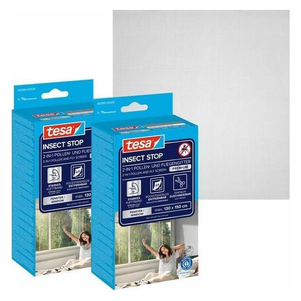 tesa 2x Pollenschutzgitter, für Allergiker, zuschneibar inkl. selbstklebendem Klettband (130 x 150 cm) (55286-00500-01)