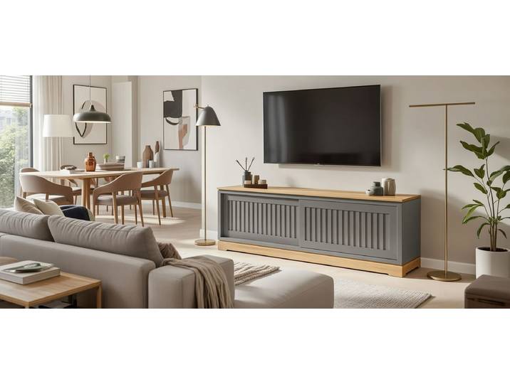 TV-Lowboard Geriffelt Pinie Massiv, gebürstet Grau/Grau/Pinie Creme 166cm