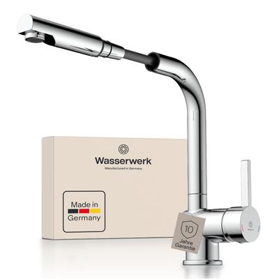 Spültischarmatur WASSERWERK "WK 4, Wasserhahn, Küche, Einhebelmischer", silber (chrom), B:5,7cm H:29,8cm T:23,3cm, Messing, Armaturen, 360 schwenkbar, Cold-Start-Funkt., herausziehbar