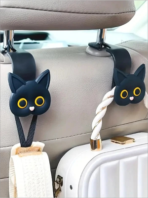 Of Wheels Deals 3D Cartoon Cat Car Seat Headrest Hooks, Cute Universal Car Organizer For Bags, Purses, Coats black