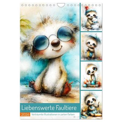 Liebenswerte Faultiere. Verträumte Illustrationen in zarten Farben (Wandkalender 2026 DIN A4 hoch), CALVENDO Monatskalender
