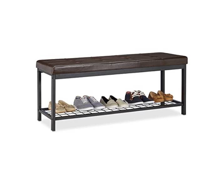 Relaxdays Schuhbank XXL, bequemes Sitzpolster, offen, große Gitterablage für Schuhe, Metall, HxBxT: 49x115x40cm, braun