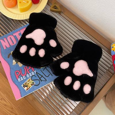 DynamicDeals Lovely Plush Cat Paw Gloves, Warm Fingerless Mittens, Soft Fluffy Bear Claw Costume, Short Half Finger Gloves black