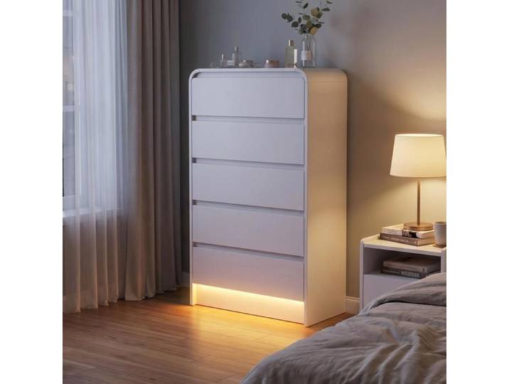 Commode Blanche en Bois Commode Haute à 5 tiroirs Meuble de Rangement Moderne avec LED pour Chambre Salon Entrée 73x40x111cm