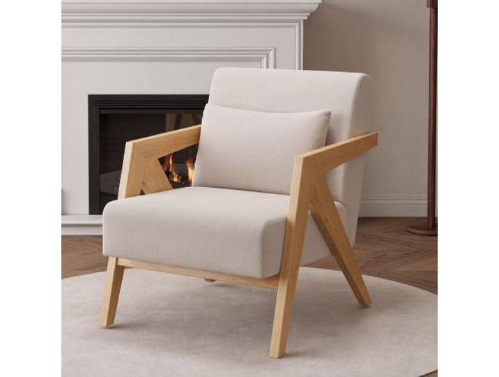 Retro Holzsessel Sessel Moderner Relaxsessel mit Lendenkissen Loungesessel Stuhl Cocktailsessel,Einzelsofa for Wohnzimmer/Schlafzimmer/Empfangsbereich(White)