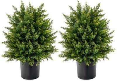 Costway 2-Pack Artificial Cedar Topiary Ball Tree with Cement Pot