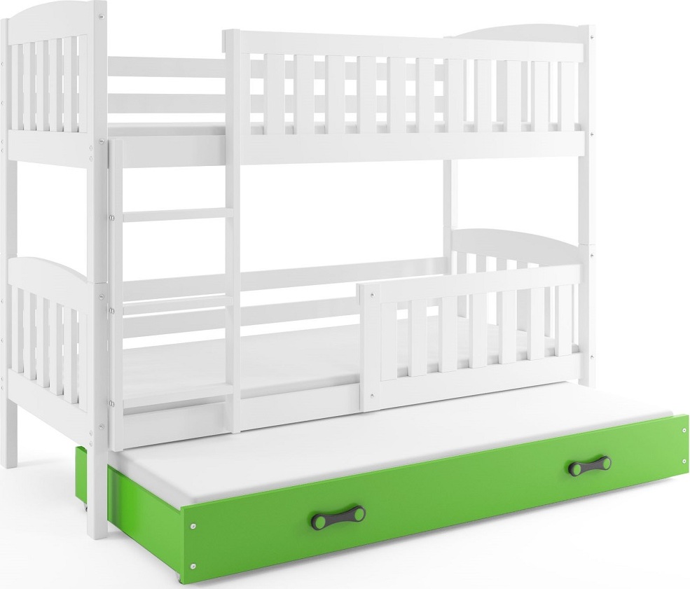 Interbeds Etagenbett QUBA für drei Kinder 190x90cm aus Kiefernholz in Weiß+Grün