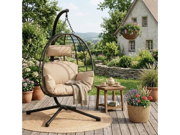 Fauteuil suspendu avec support, pour l’intérieur et l’extérieur – Fauteuil suspendu en rotin, capacité jusqu’à 130 kg – Siège suspendu autoportant (fauteuil en forme d’œuf), livré avec accessoires.