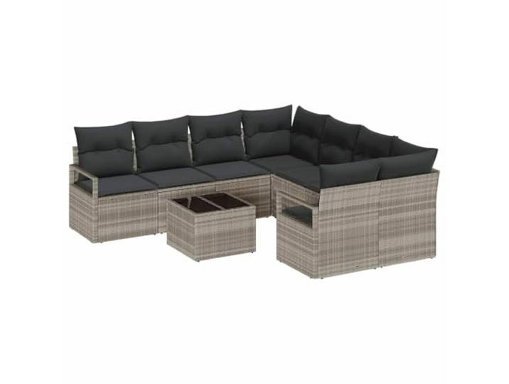 ZQQLVOO Sofa-Set 9 STK. 8-Sitzanzahl Hellgrau und Schwarz Polyrattan Polyrattan, Stahlrahmen, Sicherheitsglas-Tischplatte, abnehmbare Kissen, Garten, Veranda, Terrasse