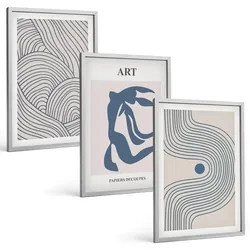 BILDER SET 3er Set - 40x60 cm Silberner Rahmen - Abstrakte blaue Linien