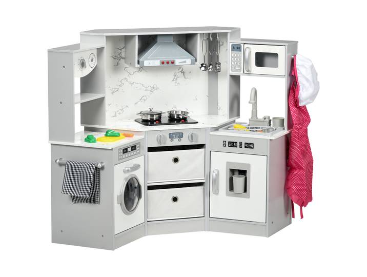 AIYAPLAY Cuisine enfant en bois, jouet d'imitation coin pour enfant, avec effet sonore, 17 accessoires, légumes en plastique bou