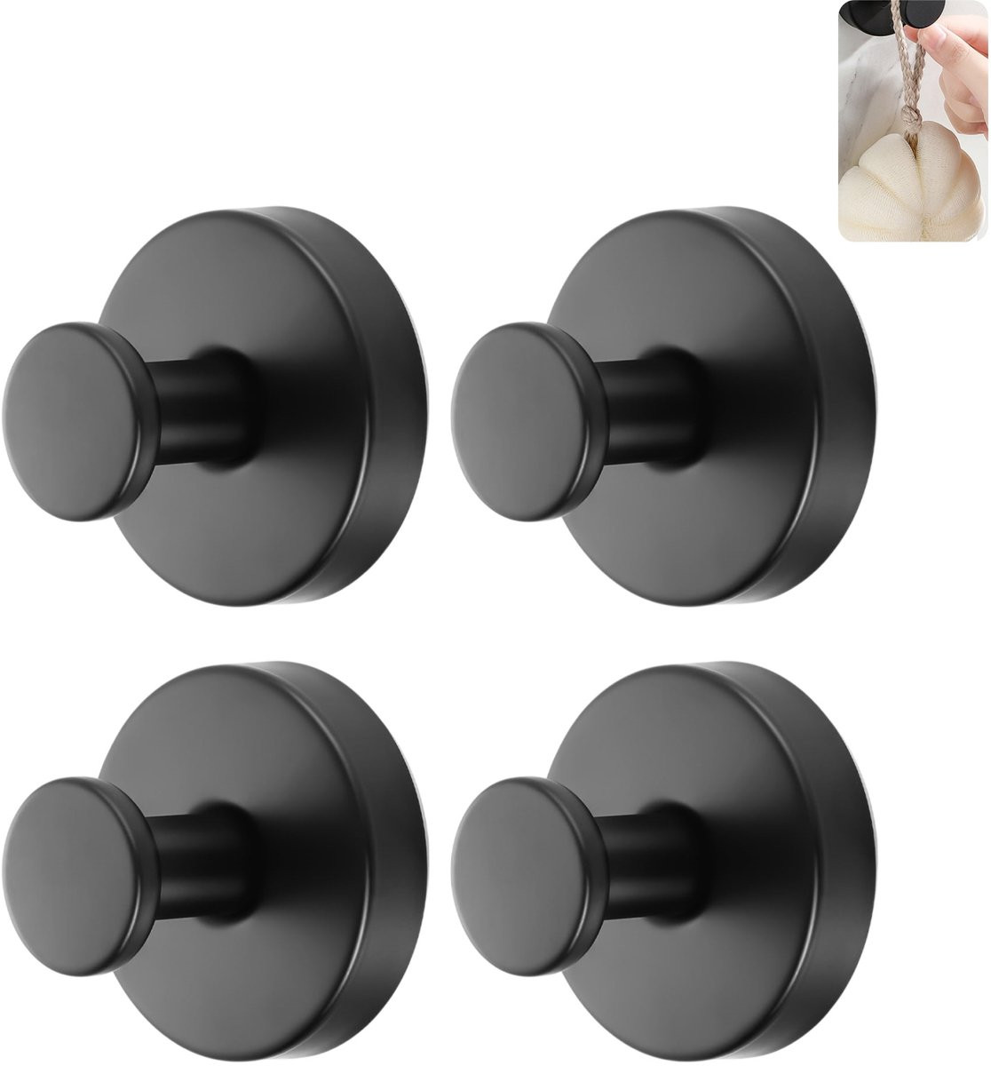 Set van 4 herbruikbare zuigcup kledinghaken zonder boren, zwart