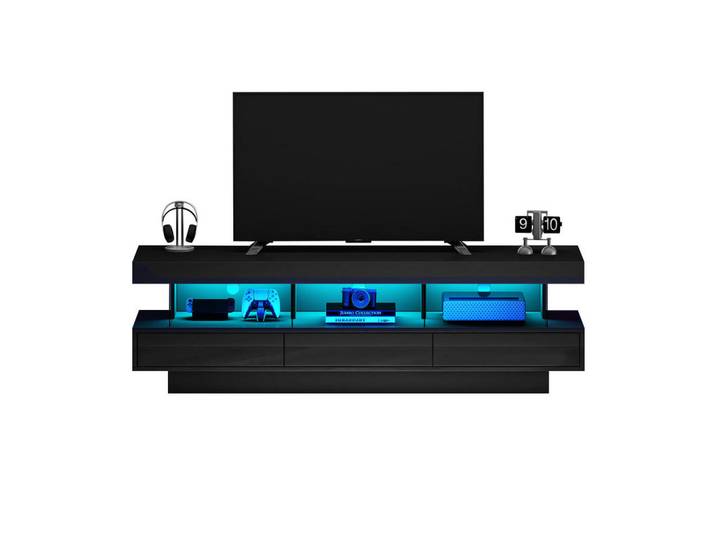 Flieks Tv-Ständer 160x38cm Hochglanz LED-Beleuchtung App-Steuerung Schwarz Glasablagen, Holz, 40.5x29x63.5 cm, Wohnzimmer, TV Möbel, Lowboards, Lowboards stehend