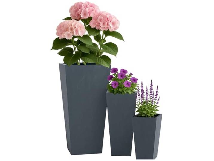 CLP Pflanzkübel groß, 3er Set für außen und innen, Outdoor XXL Blumenkübel eckig, wetterbeständig frostsicher in Steinoptik, Winterfest Farbe anthrazit