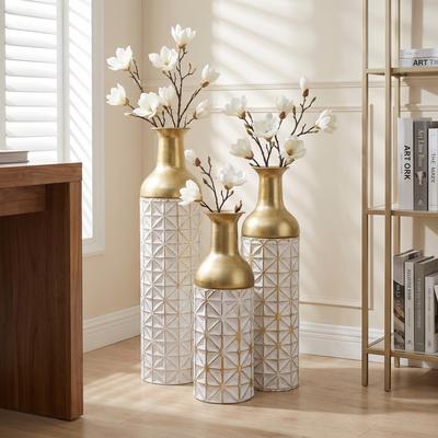 Kodotan sofa White and gold floor metal vase set of 3, tall textured geometric metal decorative floor vases, large modern farmhouse style