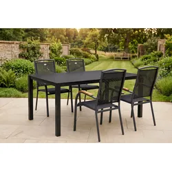 HARTMAN Raffaelo Garten-Essgruppe, xerix/anthrazit, Alu/Spraystone/Teak, 160x95 cm, 4 Stapelsessel, Teak Armlehnen