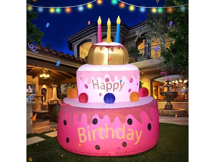 Décorations extérieures gonflables de gâteau d'anniversaire avec les LED ci-après, jouets de fête de joyeux anniversaire, décorations de jardin à la maison