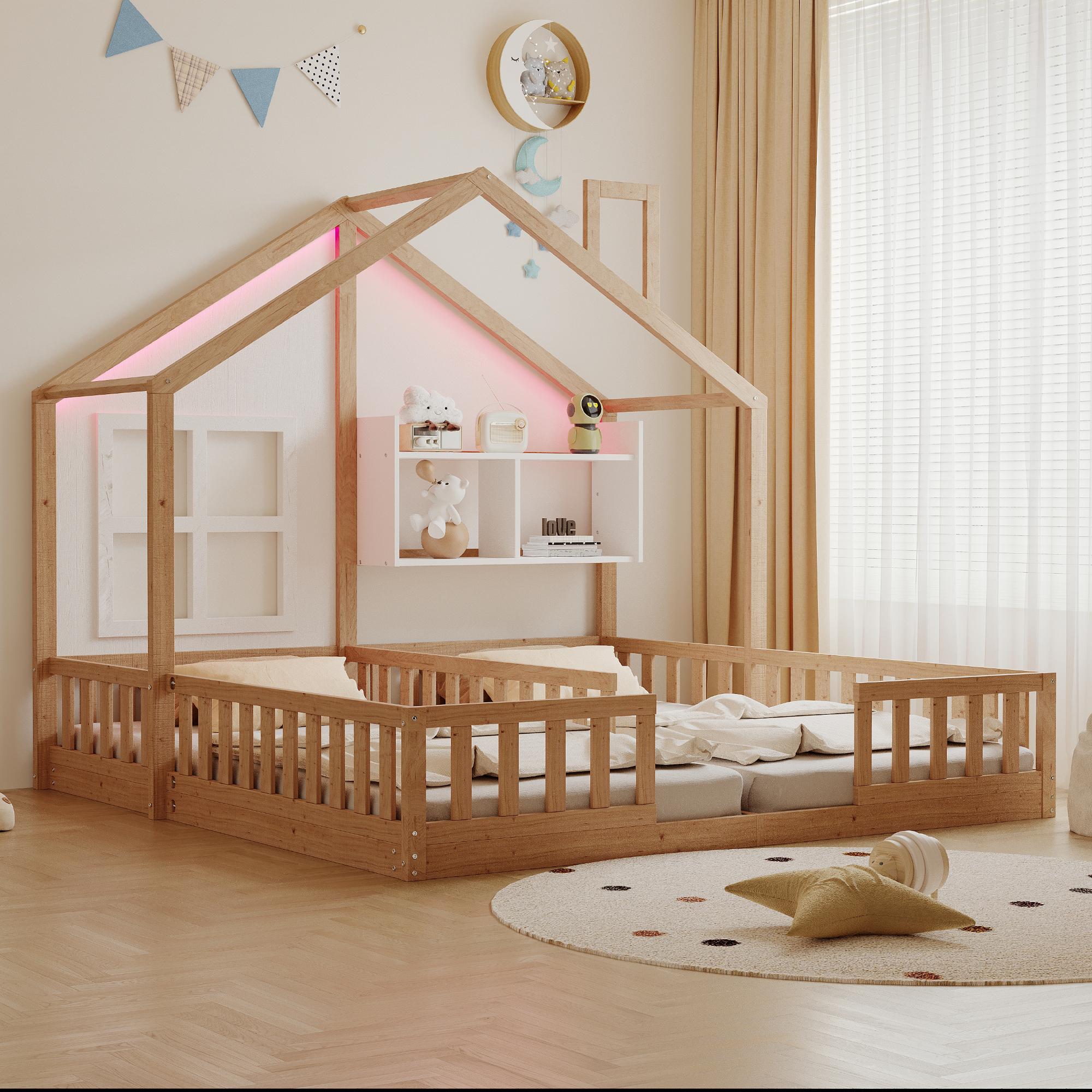 MODFU Freistehendes Doppelbett 90×200 cm mit LED-Beleuchtung,Kinderbett mit Sicherheitsgeländer und Ablageflächen,Hausbett mit Fenstern und Schornstein,ohne Matratze,Holzfarbe