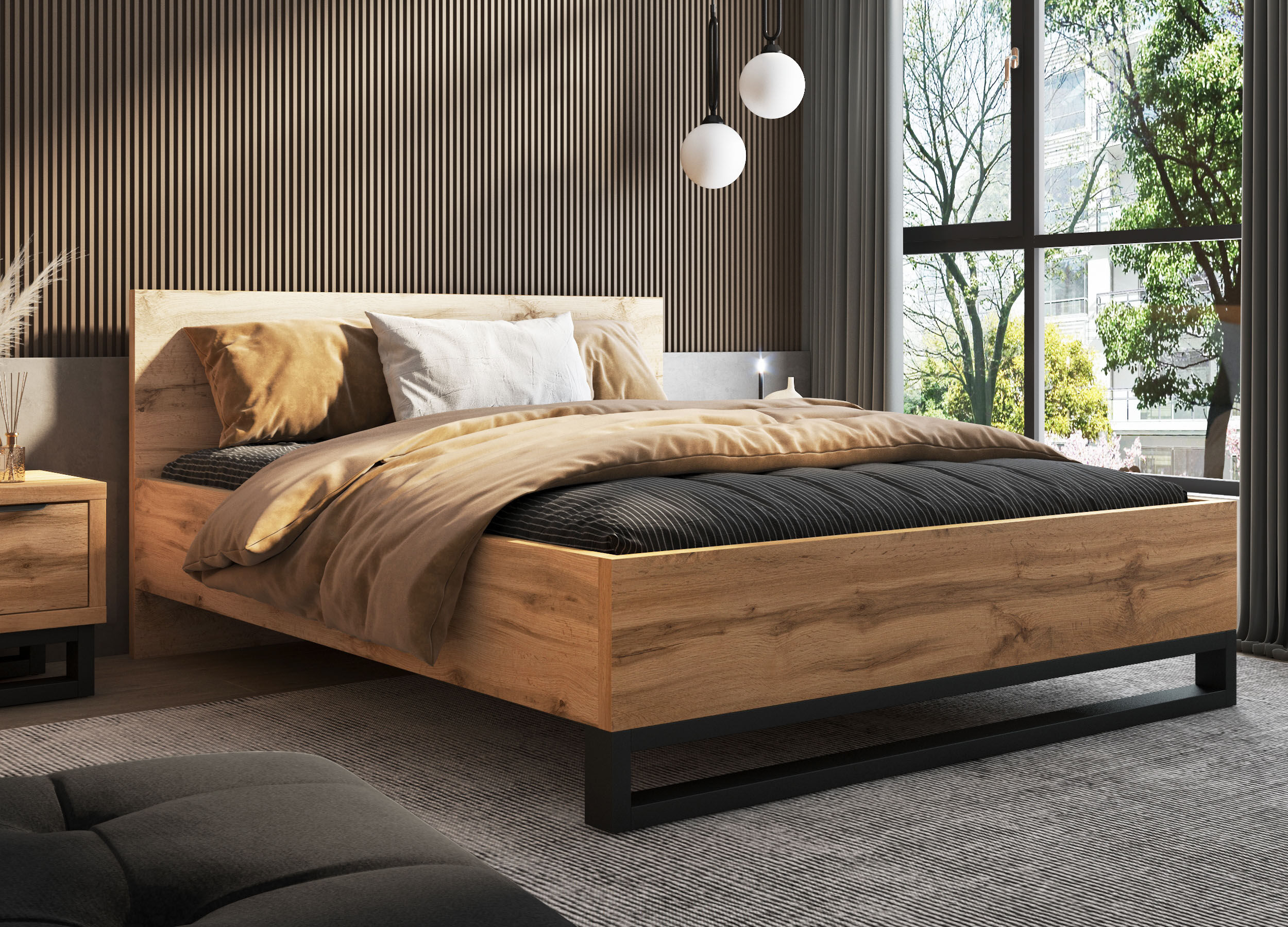 Bettgestell HOME AFFAIRE "Bronne, Topeseller, Industrial Design", braun (wotan eiche, wotan eiche, schwarz), B:168cm H:93,5cm L:208,5cm, Betten, Bettgestell, Stauraumbett in drei Breiten, stabil mit Kufen in Metalloptik wotan eiche, wotan eiche, schwarz L