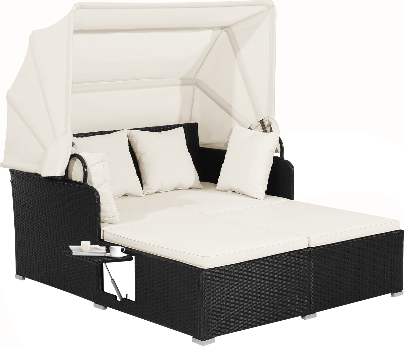 COSTWAY Polyrattan Sonnenliege mit einziehbarem Baldachin, 2-Personen Gartenliege mit klappbaren Tablett, Sitzkissen & Rückenkissen, Gartenlounge