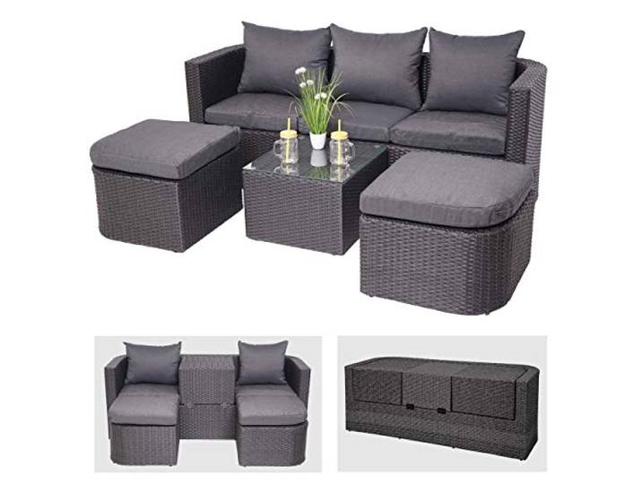 Mendler 3in1-Garnitur HWC-J37 Poly-Rattan - anthrazit, Kissen dunkelgrau Garten-/Lounge-Set, Sonneninsel, Spun, Poly, MVG