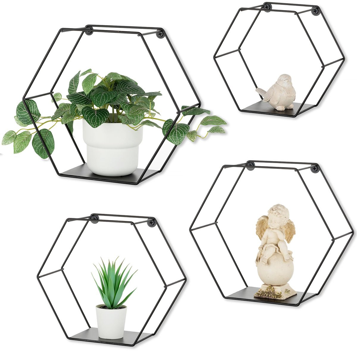 Set van 4 Wandplank Hexagon Wandplanken - Zwart Metaal