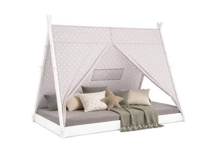 Homestyle4u Tipibett Kinderbett 90x200 Bodenbett mit Sternenzelt Montessori Holzbett für Kinder, Kiefernholz weiß, abnehmbares Baumwollzelt grau mit Sternen, inkl. Lattenrost