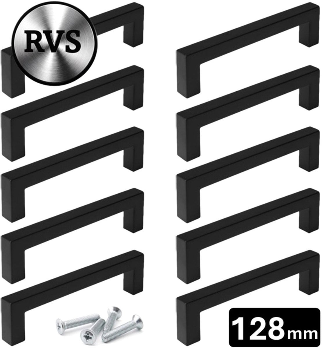 MSQDESIGN Set van 10 Handgrepen RVS Mat Zwart met Boormaat 128mm en Schroeven