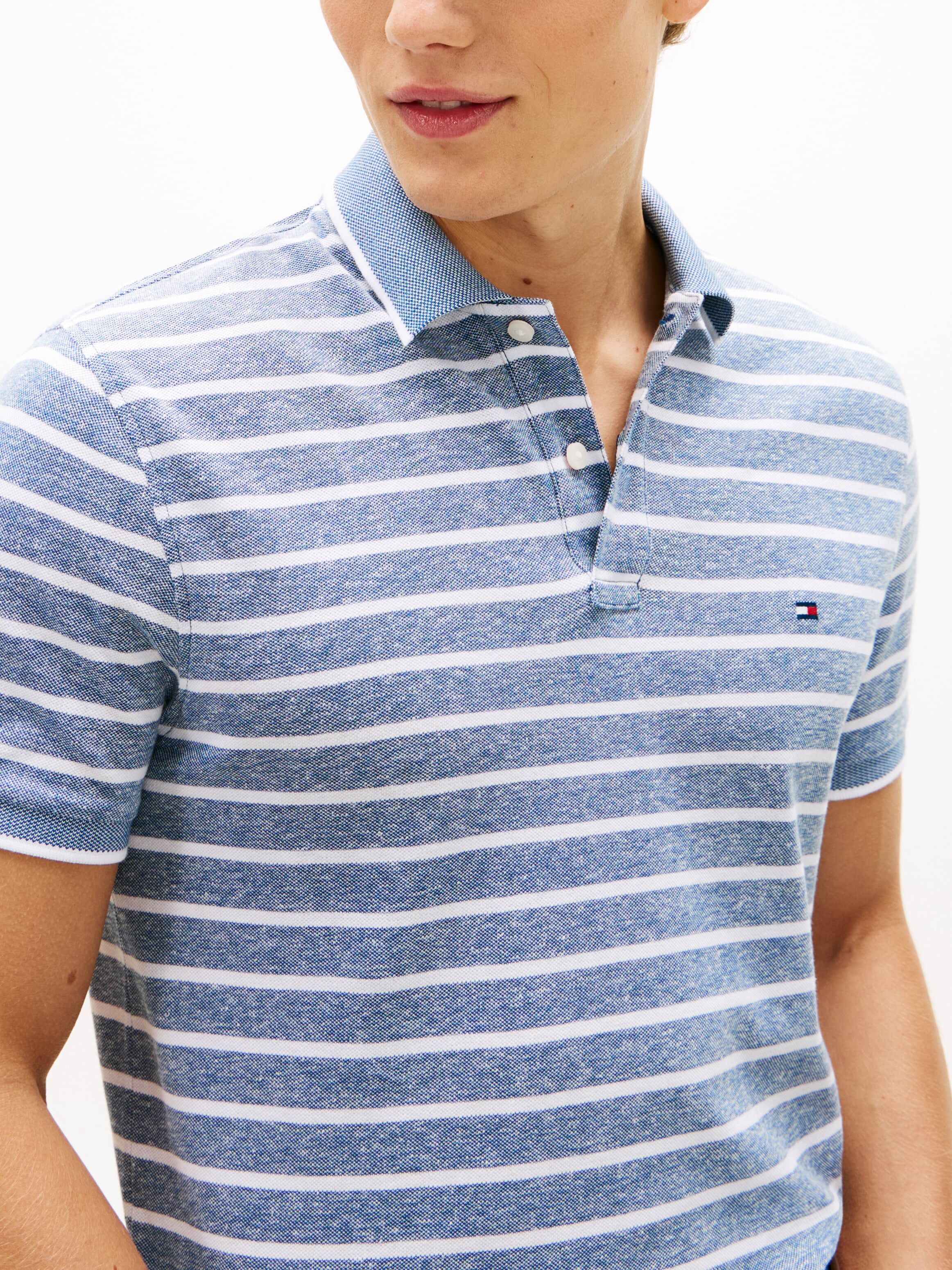 Poloshirt TOMMY HILFIGER "LINEN PIQUE REGULAR", Herren, Gr. M, blau (blau jean, weiß), Jersey, Obermaterial: 75% Baumwolle, 25% Leinen, regular fit, Rippbündchen, Shirts Poloshirt blau jean, weiß M