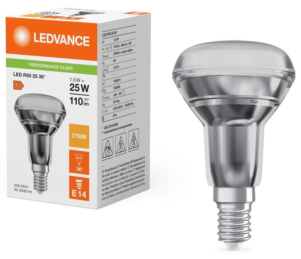 Ledvance LED-reflector 1,5-25W 827 R50 E14 36° 15000h EEK F