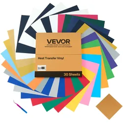 VEVOR Vinylfolie Wärmeübertragung Transferfolie (304,8 x 304,8 mm) 30 Blätter, verschiedene Farben, Plotterfolie kompatibel mit Schneidemaschinen, Aufbügelfolie für T-Shirts Kissen Hüte