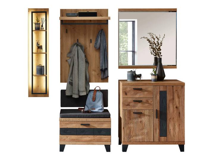 Linea Natura Garderobe, Grau, Eichefarben, Holz, Textil, Holzwerkstoff, 7-teilig, Wildeiche, massiv, 215x199x38 cm, Garderobe, Garderobensets & -serien, Garderoben-Set