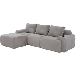 OKWISH Kombinationssofa Cord Hellgrau 268x174x80 cm, modularer 3-Sitzer mit Cupholder und Seitentasche