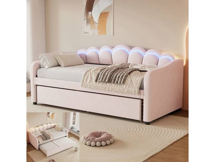 Lit gigogne - LANGTU - Méridienne - 90x200/90x190 cm - tissu velours - LED intégrée télécommandée