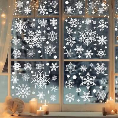Inspire Select 137 Pieces Snowflake & Window Flower Electrostatic PVC Stickers Reusable Winter Decor Set white