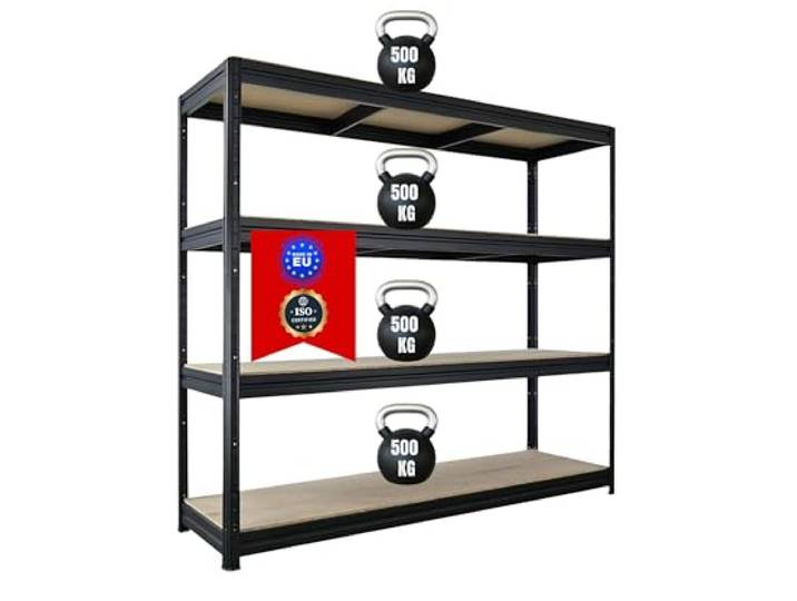 PROREGAL Schwerlastregal Dino 180x200x60cm 4 Spanplatten-Ebenen 16mm Fachlast 500kg Schwarz, Garagenregal, Lagerregal, Steckregal, Kellerregal