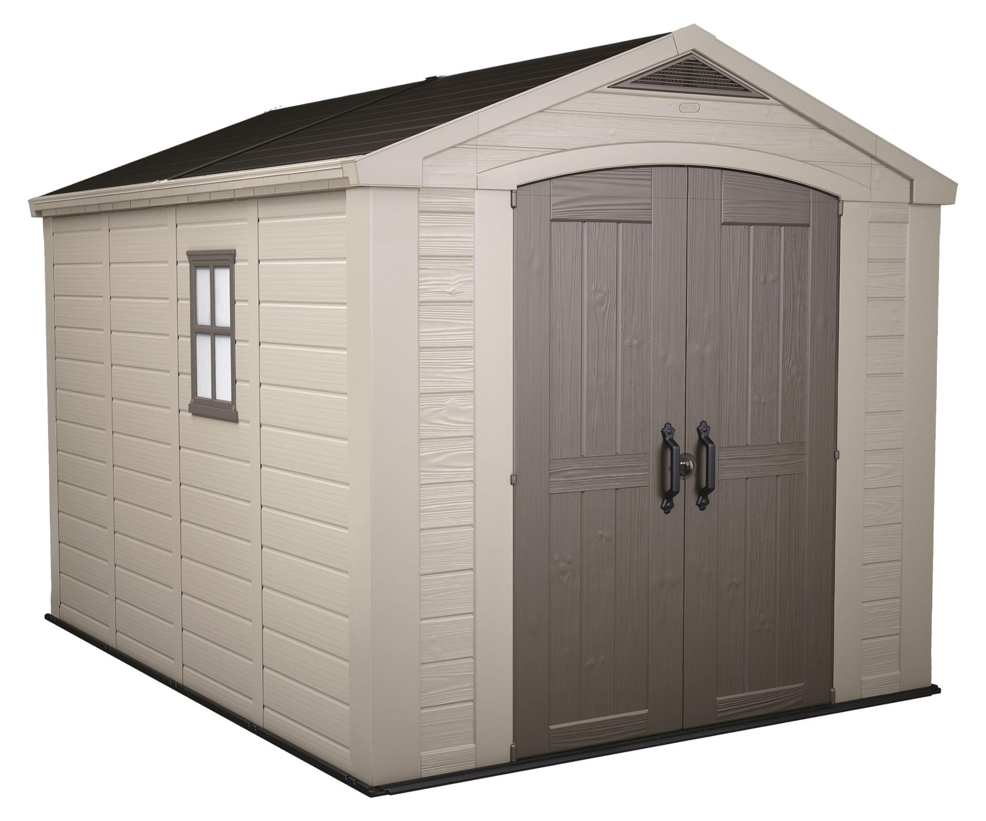 Factor 8x11 - Gartenhaus 256,50x243x331,50 cm 2 Türen zur Werkzeugaufbewahrung Holzoptik-Finish aus beigem Harz