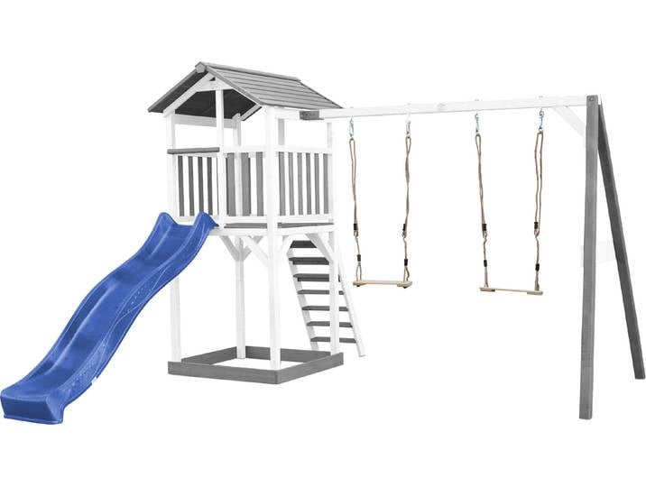 AXI Beach Tower Spielturm aus Holz in Weiß & Grau Spielhaus für Kinder mit blauer Rutsche, Doppelschaukel und Sandkasten Stelzenhaus für den