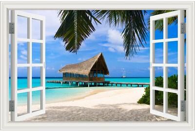 Uplift Picks 3D Beach Window Wall Sticker Ocean View Self Adhesive Wall Mural Decor 04 70x100cm 28x40inch