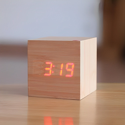 HomeDecorAndMore LLC Real LED Wooden Cube Clock With Vintage Charm And Modern Functionality For Home Or Office Decor Oak Orange Light