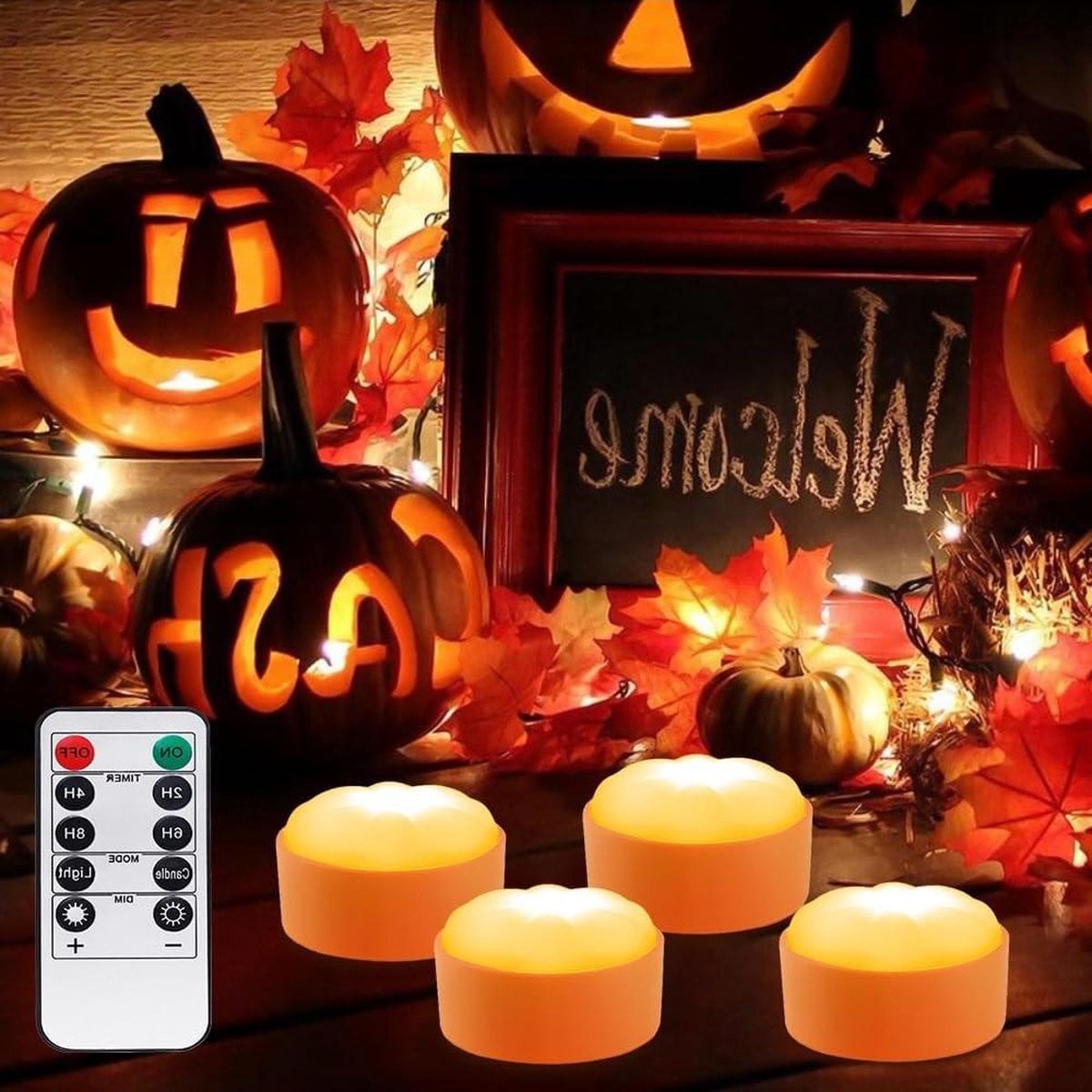Set van 4 LED Pompoenlampen met Afstandsbediening voor Halloween Decoratie - Dimbare Vlamloze Kaarslampen op Batterijen
